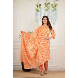 Conjunto Dupatta de pantalón Kurta de algodón para mujer, cuello en U, estampado Floral bordado, manga 3/4, hasta la rodilla, ajuste Regular, naranja - Product Image 2