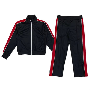 Survêtement unisexe en molleton noir et rouge rayé à capuche, design sportif, respirant, 100% coton, vêtements d'automne pour adultes avec poches latérales - Product Image 1