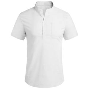 Moda transpirable suelta básica bolsillo Top verano hombres Casual Stand Collar Color sólido manga corta Algodón ligero camisas - Product Image 2