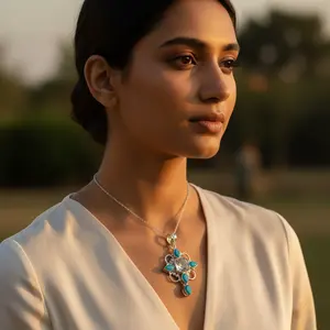 925 Silver Chalcedony Pendant Blue Gemstone <b>Jewelry</b> with <b>Crystal</b> Charms for Women - Product Image 2