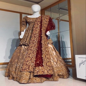 Robe de mariée traditionnelle indienne et pakistanaise en lin Salwar Kameez, longueur ras du sol, brodée et gaufrée or et rouge, coupe ample pour femme - Product Image 2