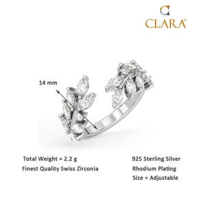 Bague CLARA Romantique Feuillage en Argent Sterling Pur 925 avec Bande Ajustable, Diamant Taille Marquise et Pierre Perle, Plaqué Rhodium - Product Image 5
