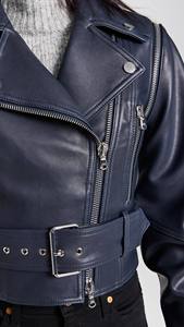 Venta al por mayor chaqueta de cuero de oveja auténtica recortada estilo bombardero transpirable primavera listo señoras chaqueta de la motocicleta de nylon - Product Image 2