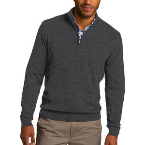 Pull en molleton de coton coupe régulière à col en V, demi-zip, coupe-vent, couleur anthracite chiné, pour l'hiver - Product Image 1