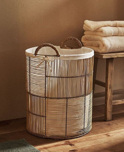 ตะกร้าซักผ้าหวายธรรมชาติมีสไตล์ที่มีดีไซน์สะอาดเป็นเส้นรูปทรงกระบอกสูงในราคาขายส่ง - Product Image 1
