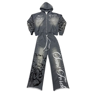 เสื้อฮู้ดดี้ผู้ชายลายมุกด้านหน้าแบบซีดจาง สไตล์สตรีทแวร์ ทรงหลวมแบบ Heavy Baggy พร้อมกางเกงจ็อกเกอร์ผ้าฝ้าย ชุดสเวตสูทผู้ชาย - Product Image 6