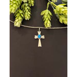 Pendentif croix Navajo fait main en opale bleue et argent sterling, symbole religieux chrétien avec incrustation sertie clos - Product Image 1