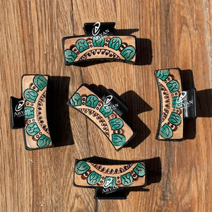 New Arrival Western Stylish Handmade Tooled Leather Cactus Print <b>Hair</b> <b>Claw</b> Clips Genuine Leather <b>Claw</b> <b>Hair</b> Accessories for Women - Product Image 1