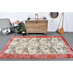 พรมขนสัตว์ตุรกีวินเทจสีเบจแดง4.5 x 7.9ft พื้นที่ขนาดใหญ่การออกแบบการเย็บปะติดปะต่อกันสำหรับห้องโถงห้องนอนยางห้องที่สมบูรณ์แบบ - Product Image 1