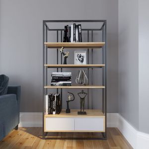 SFKS019 Bibliothèque sur pied pour salon avec tiroir en bois et caoutchouc 80x34x150cm - Product Image 1