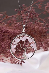 Vente en gros de quartz rose naturel, collier avec pendentif gravé de la vie de l'arbre, bijoux de pierres précieuses en cristal de guérison Feng Shui de haute qualité pour - Product Image 4