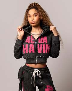 Fabricants de vêtements personnalisés, ensemble sweat à capuche et pantalon de survêtement zippés délavés à l'acide, ensemble de survêtements courts en strass pour femmes - Product Image 2