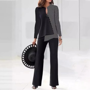 ชุดสูท2ชิ้นเสื้อแขนยาวและกางเกงขากว้างสำหรับผู้หญิงเสื้อผ้าแฟชั่นคอวีพิมพ์ลาย3D - Product Image 5