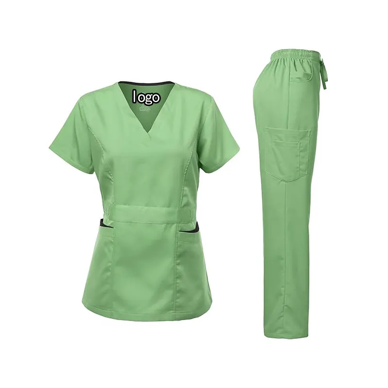 Bsci Wrap Stretch Ultra Zacht Contrast Pocket Medisch Uniform Vrouwen Scrubs Set