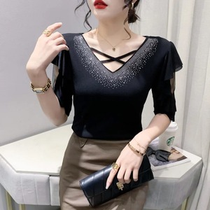 Negro Azul para Púrpura Estilo coreano Camiseta de malla para mujer Media manga Volantes Cuello en V-Un Sexy Tight Terry Diamond Motif Hollow - Product Image 2