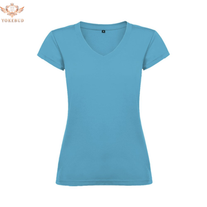 YOKEBUD, camiseta de verano con cuello en V para mujer, Color sólido, algodón suave, ajustado, informal, básico, uso diario, OEM, logotipo personalizado de talla grande - Product Image 4