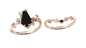 Bague de mariage gravée à double feuille en argent sterling 925 avec spinelle noir naturel en forme de cercueil - Product Image 4