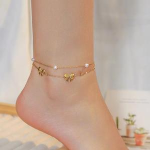Tobilleras de Moda con Diseño Exclusivo Recién Desarrollado, Chapadas en Oro, de Acero de Titanio, con Lazo y Perla - Product Image 4