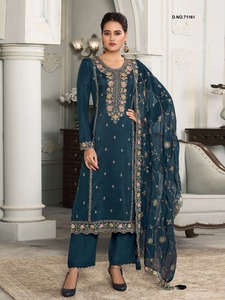 Dernier costume droit bleu en soie munda pour femmes vêtements indiens et pakistanais semi-cousus - Product Image 2