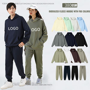 Unisex <b>Oversized</b> 380gsm Cotton <b>Fleece</b> <b>Hoodie</b> Jogger Set 2-Piece Anti-Shrink Tracksuit Custom Fog Colors Private Label Streetwear - Product Image 1