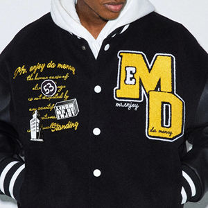 Men's Black PU Slim Varsity Jacket with Satin Lining Stand Collar <b>Covered</b> <b>Button</b> Front Logo Regular Sleeve Casual Winter Wear - Product Image 2