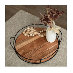 Bandeja de servicio de madera de mango de forma redonda recién llegada de la mejor calidad, alambre de hierro, acabado negro, producto atractivo para decoraciones del hogar - Product Image 2