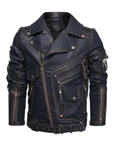 Chaqueta de Cuero de Oveja Genuino para Hombre, Cuello Alto, Cremallera Completa, Tela de Lona Transpirable, Resistente al Viento, para Motocicleta - Product Image 5