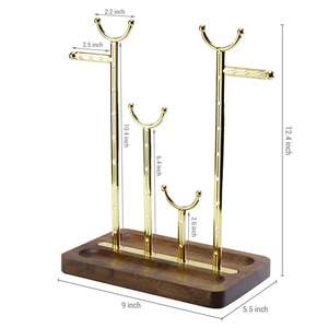 Support de présentation de bijoux en bois et en laiton poli moderne, support de rangement pour colliers et boucles d'oreilles - Product Image 3