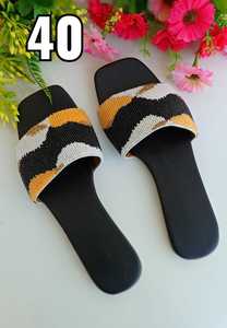 Pantoufles en cuir perlées et brodées à la main pour femmes, chaussures de styliste en fil tissé, Style à enfiler - Product Image 2