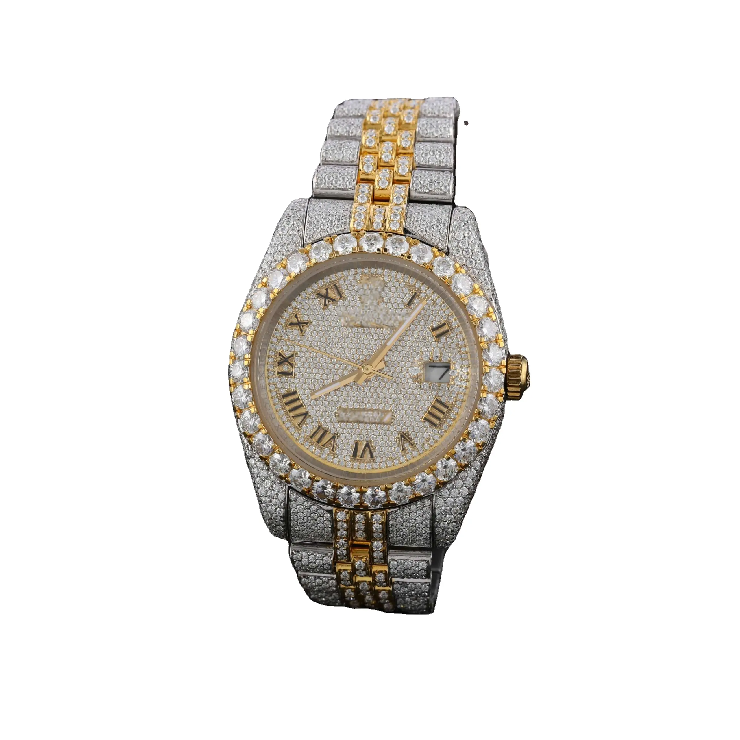 Big Face Two Tone Luxury Diamond VVS Moissanite Reloj Relojes mecánicos Iced Out Reloj para hombres Mujeres