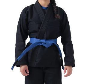 Kimono de Jiu Jitsu BJJ para Mujer, 100% Algodón, Totalmente Negro con Ribete Azul Marino, Logotipo Frontal, Ropa de Artes Marciales - Product Image 1