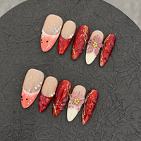 Kuku Palsu Almond Press-on Grosir Buatan Tangan 3D Bunga Berhias Rhinestone Pemasok OEM ODM