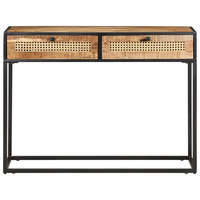 Furnitur Ruang Tamu Desain Modern Finishing Hitam Alami Meja Konsol Lipat Dua Laci Rotan Kayu Mangga Solid Kasar Hotel