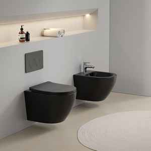 Ensemble de sanitaires minimalistes italiens en céramique noire mate Forl, deux pièces, à suspendre au mur, comprenant un siège de toilette - Product Image 1