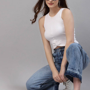 Women's <b>White</b> <b>Crop</b> <b>Top</b> Sleeveless Knitted Solid Color O-Neck Slim Fit Casual Spring Summer Spandex Cotton Breathable - Product Image 3