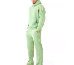 Ensemble survêtement en coton 2 pièces pour homme, pantalon de survêtement à jambes évasées à capuche, effet délavé à l'acide, effet délavé au soleil, broderie, streetwear - Product Image 1