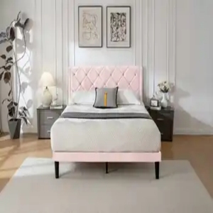 Lit plateforme capitonné de luxe moderne avec tête de lit haute à cannelures verticales, taille King, en tissu personnalisé pour hôtel, vente en gros - Product Image 5