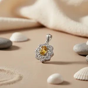 Bijoux fins en argent 925 pour femmes, pendentif en pierre précieuse jaune fait à la main, plaqué rhodium, motif unique, charme en or rose, cadeau - Product Image 1
