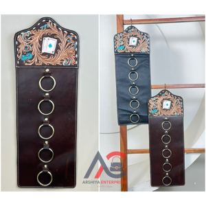 Porte-écharpe en cuir artisanal 2026 avec motif floral turquoise, en cuir de vachette, avec anneau métallique, pour fixation murale - Product Image 1