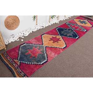 Turkish Rug, <b>Runner</b> 2.6x11.1 ft Vintage Rug, <b>Red</b> Floral Wool Rug - Product Image 4