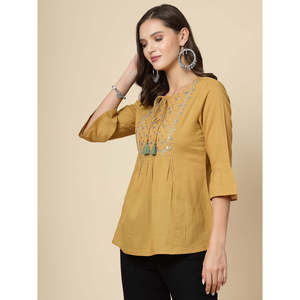 Women's Beige Floral Embroidered <b>Top</b> XL Loose Fit Casual <b>Top</b> with Bell Sleeves and Tie-Up Neck Poplin Cotton Breathable - Product Image 3