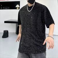 Desain Unik O Neck 100% Katun/Poliester Kaos Pria Berhias Rhinestone Regular Fit Bernapas Anti-Kerut Cepat Kering
