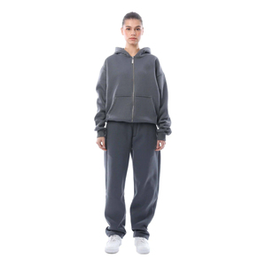 Ensemble survêtement homme gris foncé personnalisé, molleton épais, sweat à capuche zippé et pantalon de survêtement, tenue chaude d'hiver 100% coton - Product Image 1