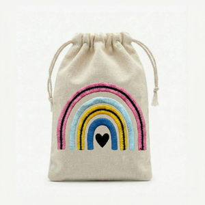 Organic Cotton <b>Drawstring</b> <b>Pouch</b> Bag with Rainbow Embroidery Screen Printed for Bracelets Watches Crafts or Promotions - Product Image 1