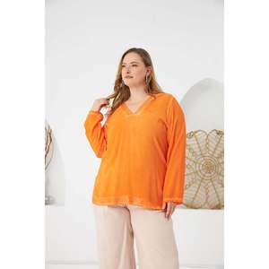 RMG <b>Plus</b> <b>Size</b> Orange Viscose Woven Blouse with <b>Sequin</b> Detail for Women, Comfortable and Stylish Long Sleeve <b>Top</b> - Product Image 1