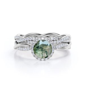 925 Sterling Silver <b>Moss</b> <b>Agate</b> and Moissanite Bridal <b>Ring</b> with Environmental Friendly Classic Design for Wedding & Engagement - Product Image 6