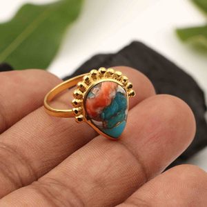 Amazing Spiny Oyster Copper Turquoise Ring 925 Sterling <b>Silver</b> 10x14mm Pear Shape Gold Plated Eternity Vermeil Bohemian Jewelry - Product Image 5
