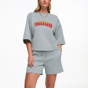 Fait sur mesure de qualité supérieure ensemble court personnalisable dames entraînement 100% coton goutte épaule surdimensionné chemise et ensemble court femmes - Product Image 1
