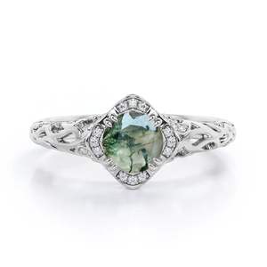 1.10 Carat Vert Mousse Agate Diamant Bague de Fiançailles Coussin en Argent Sterling 925 Encadré Halo Plaqué Rhodium Mariage pour les Fêtes - Product Image 1