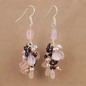 Boucles d'oreilles pendantes plaquées or pour femmes, avec fausses perles roses et quartz rose, style bohème, bijoux de mariage - Product Image 2